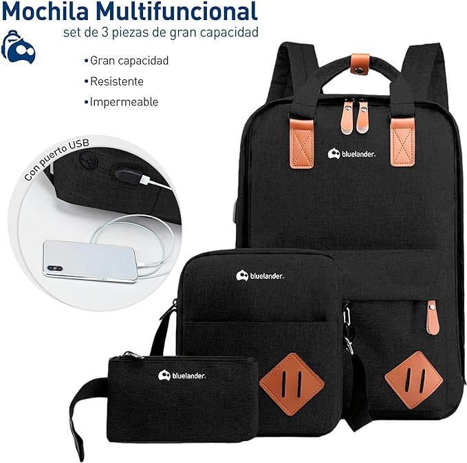 A Bluelander Mochila 3 en 1, Mochila para Laptop, Mochila Cruzada y Lapicera, Mochila para Viaje con Puerto USB, Mochila para Hombre, Mujer Múltiples Compartimentos,Set de 3 Piezas