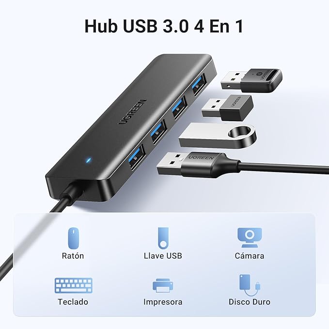 UGREEN Hub USB 3.0, 4 en 1 Adaptador de USB A 4 Puertos 5Gbps Compatible con PC, Laptop, PS4, PS5, Xbox, Disco U, Impresora, Memoria USB, Ratón, Teclado y Más, 15CM.