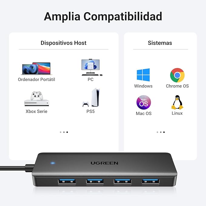 UGREEN Hub USB 3.0, 4 en 1 Adaptador de USB A 4 Puertos 5Gbps Compatible con PC, Laptop, PS4, PS5, Xbox, Disco U, Impresora, Memoria USB, Ratón, Teclado y Más, 15CM.