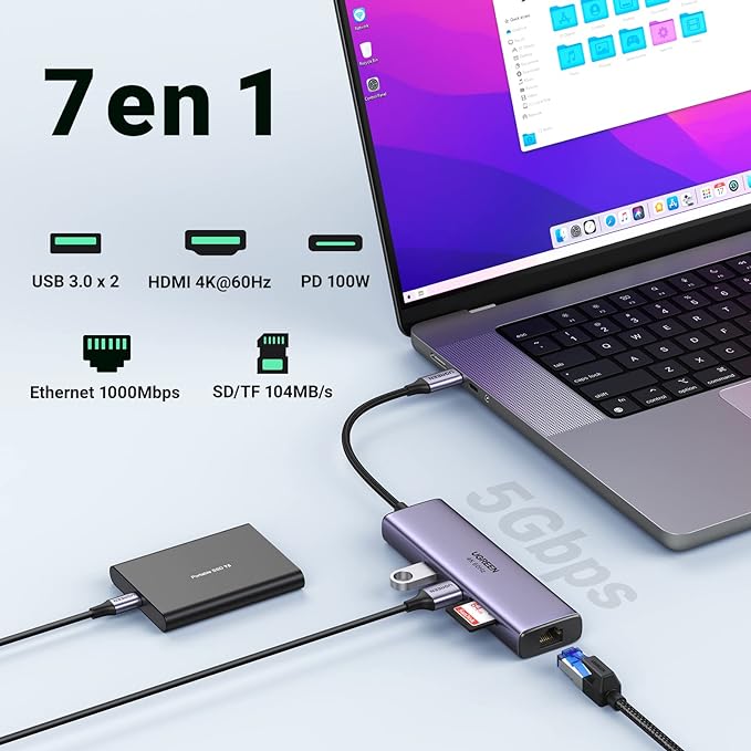 UGREEN Hub USB C, 7 en 1 Adaptador USB C a HDMI 4K 60Hz, Gigabit Ethernet, 100W PD Carga, Lector de Tarjetas SD TF, 2 USB 3.0 Compatible con MacBook Pro Air M1 M2 iPad iPhone 15 DELL Switch Steam Deck.