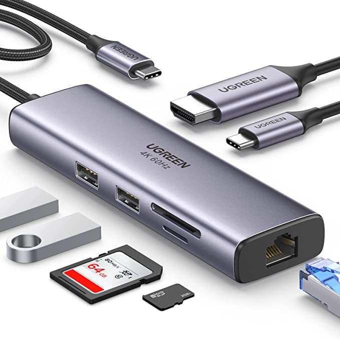 UGREEN Hub USB C, 7 en 1 Adaptador USB C a HDMI 4K 60Hz, Gigabit Ethernet, 100W PD Carga, Lector de Tarjetas SD TF, 2 USB 3.0 Compatible con MacBook Pro Air M1 M2 iPad iPhone 15 DELL Switch Steam Deck.