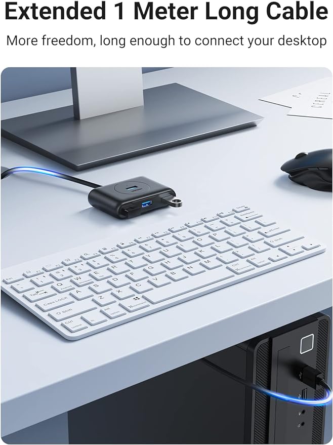 UGREEN Hub USB 3.0, 1M Adaptador USB a 4 USB 3.0 5Gbps y PD Carga Compatible con Macbook, Windows Surface, Switch, Xbox 360 One, PS4, Ultrabook, Laptop o PC, Negro.