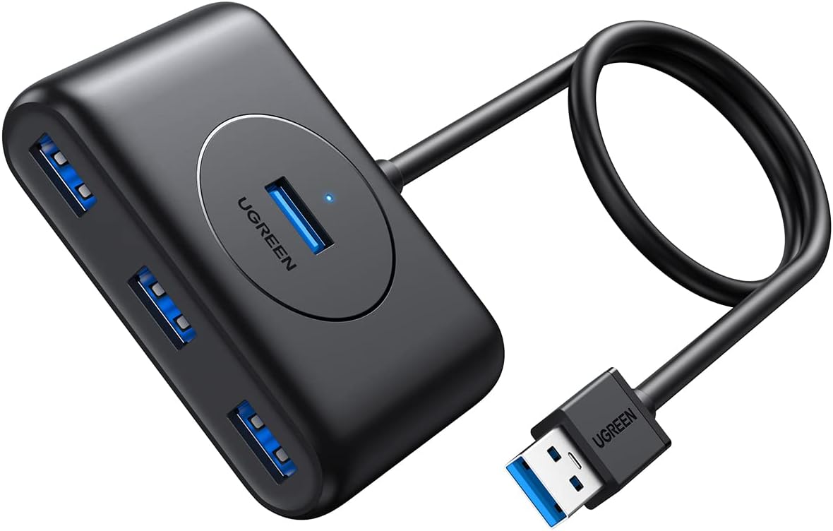 UGREEN Hub USB 3.0, 1M Adaptador USB a 4 USB 3.0 5Gbps y PD Carga Compatible con Macbook, Windows Surface, Switch, Xbox 360 One, PS4, Ultrabook, Laptop o PC, Negro.
