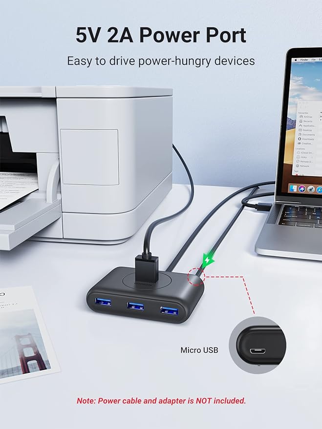 UGREEN Hub USB 3.0, 1M Adaptador USB a 4 USB 3.0 5Gbps y PD Carga Compatible con Macbook, Windows Surface, Switch, Xbox 360 One, PS4, Ultrabook, Laptop o PC, Negro.