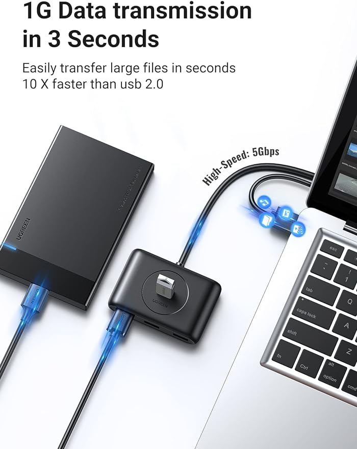 UGREEN Hub USB 3.0, 1M Adaptador USB a 4 USB 3.0 5Gbps y PD Carga Compatible con Macbook, Windows Surface, Switch, Xbox 360 One, PS4, Ultrabook, Laptop o PC, Negro.
