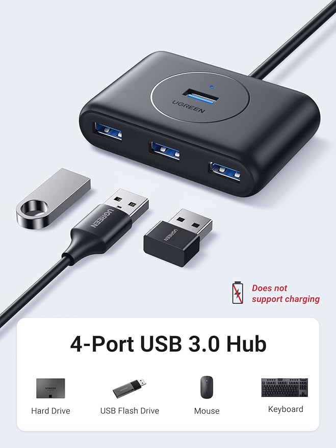 UGREEN Hub USB 3.0, 1M Adaptador USB a 4 USB 3.0 5Gbps y PD Carga Compatible con Macbook, Windows Surface, Switch, Xbox 360 One, PS4, Ultrabook, Laptop o PC, Negro.