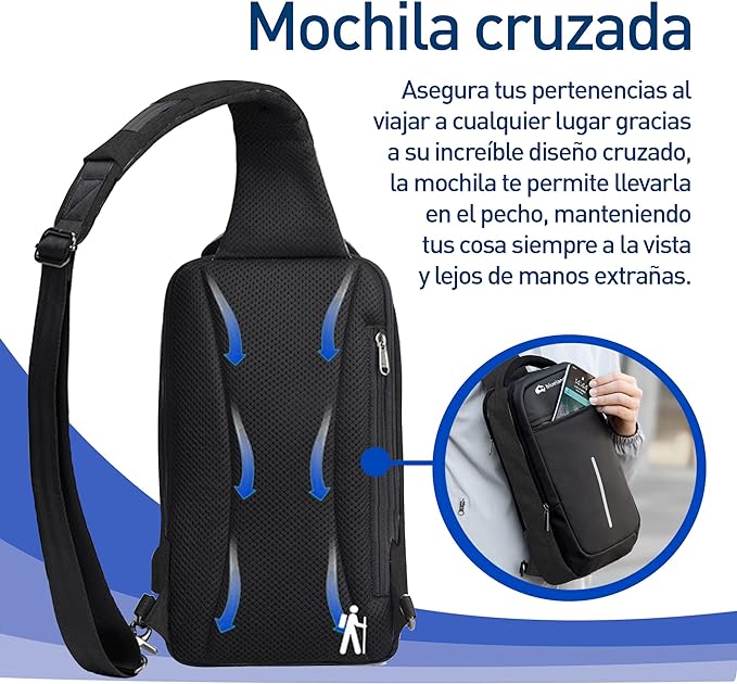 A Bluelander Mochila Antirrobo Cruzada, Bolso de Pecho, Bandolera Multifuncional, 