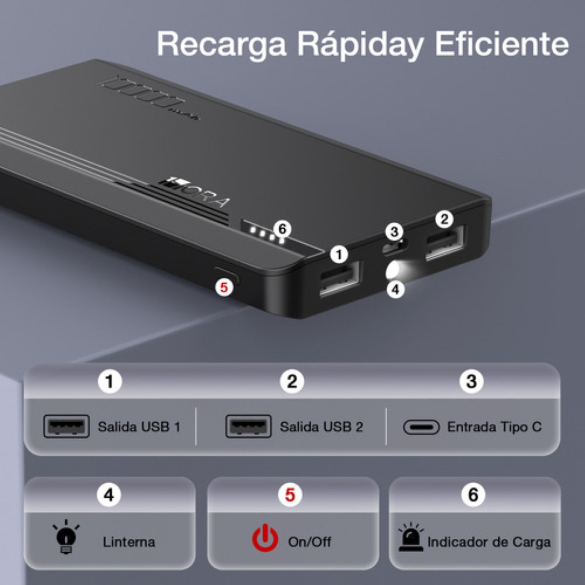 Power Bank Batería Portátil 10000mah 2.1a Carga Bateria Portatil Con 2 Puerto Negra