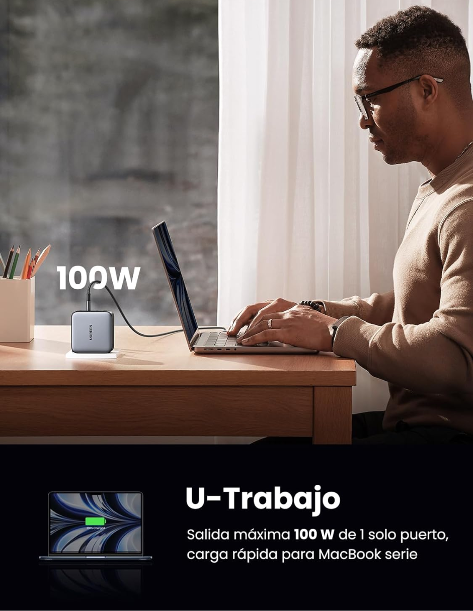 UGREEN Cargador 4 Puertos GaN 100W Carga Rápida.