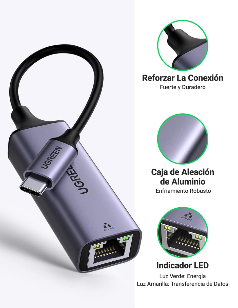 UGREEN Adaptador USB C a Ethernet, Gigabit 1000Mbps.