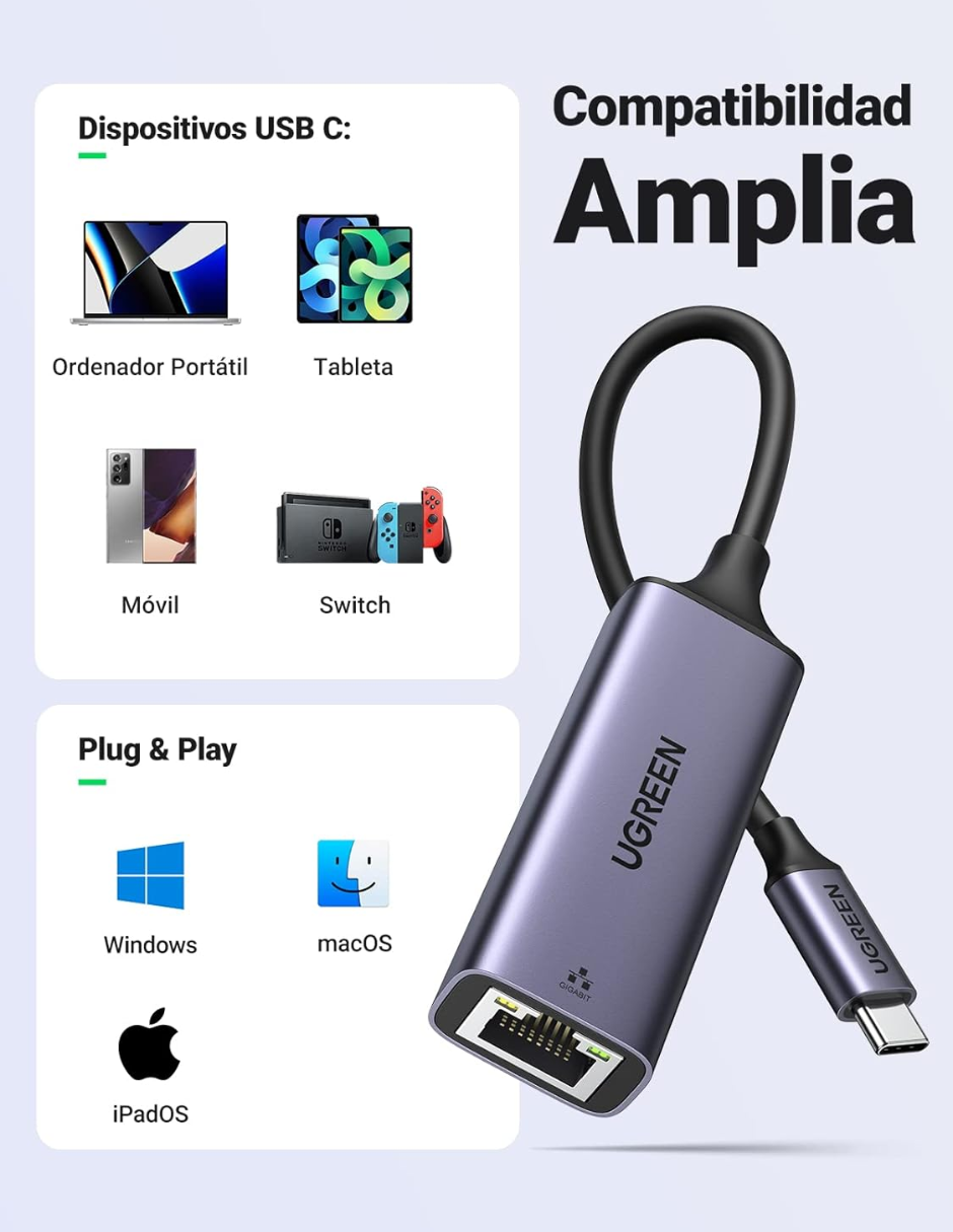 UGREEN Adaptador USB C a Ethernet, Gigabit 1000Mbps.