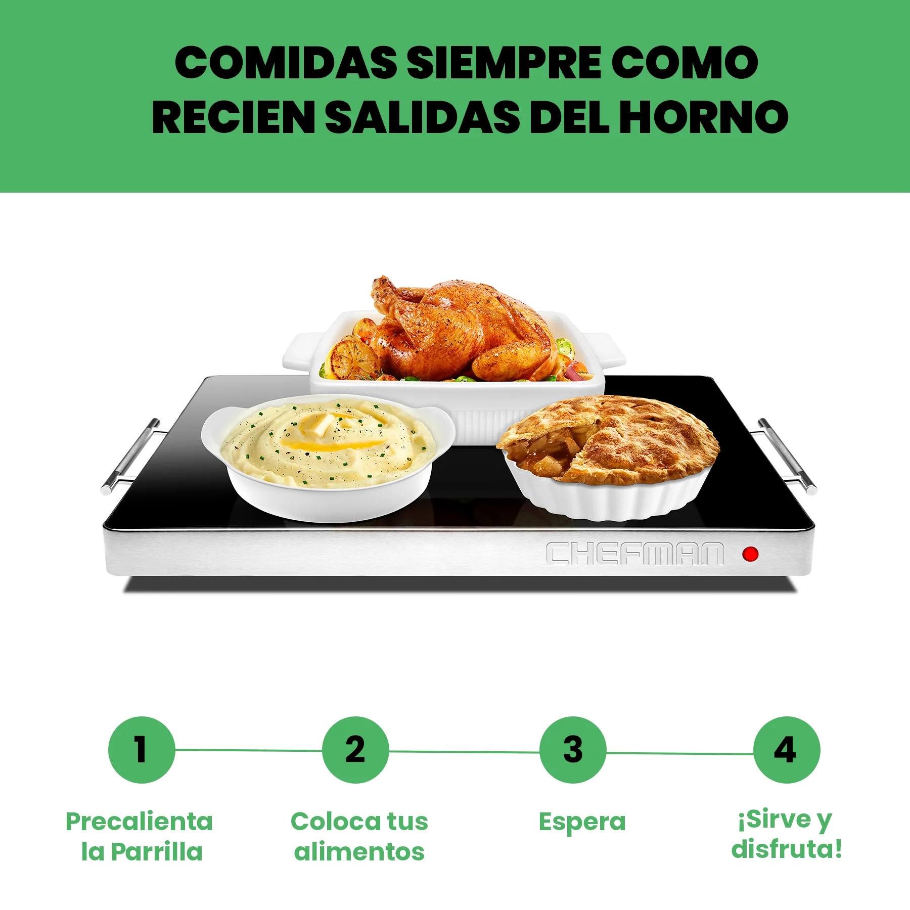 Bandeja de Calentamiento Electrica Chefman RJ22 charola de Vidrio Negra.