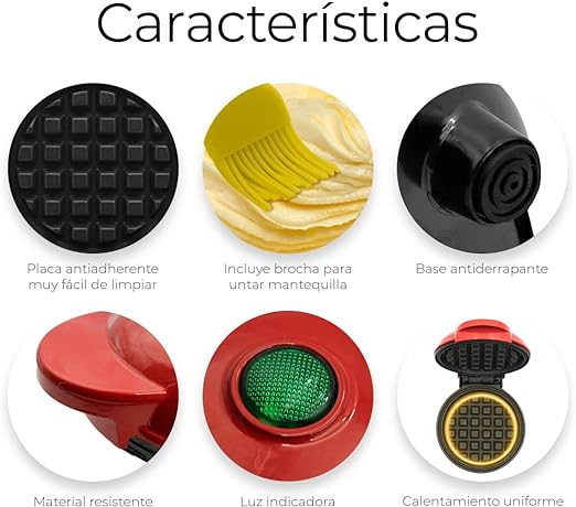 Raganet, Waflera Electrica con Doble Plancha Antiadherente, Maquina de Waffles de 750 Watts, Indicador de Encendido y Calentamiento Uniforme. (Rojo Redondo).