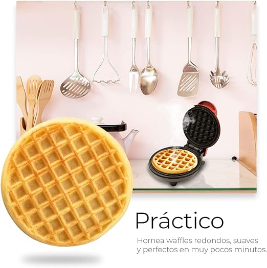 Raganet, Waflera Electrica con Doble Plancha Antiadherente, Maquina de Waffles de 750 Watts, Indicador de Encendido y Calentamiento Uniforme. (Rojo Redondo).