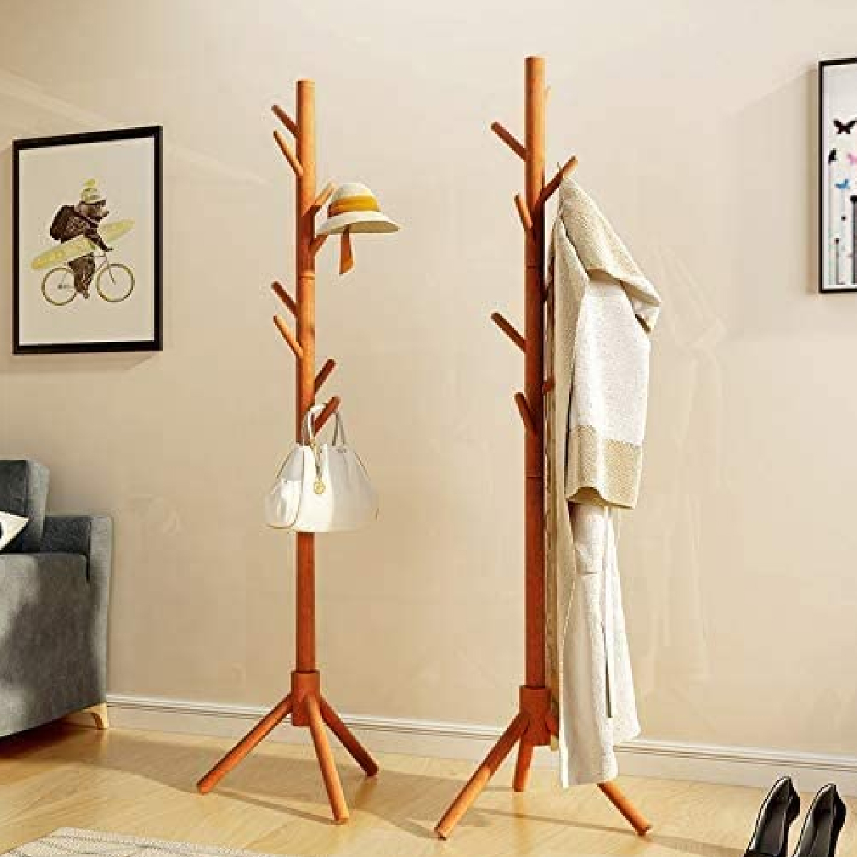 Perchero de madera minimalista estilo oriental. Elegante perchero de pie con 8 ganchos para organizacion de