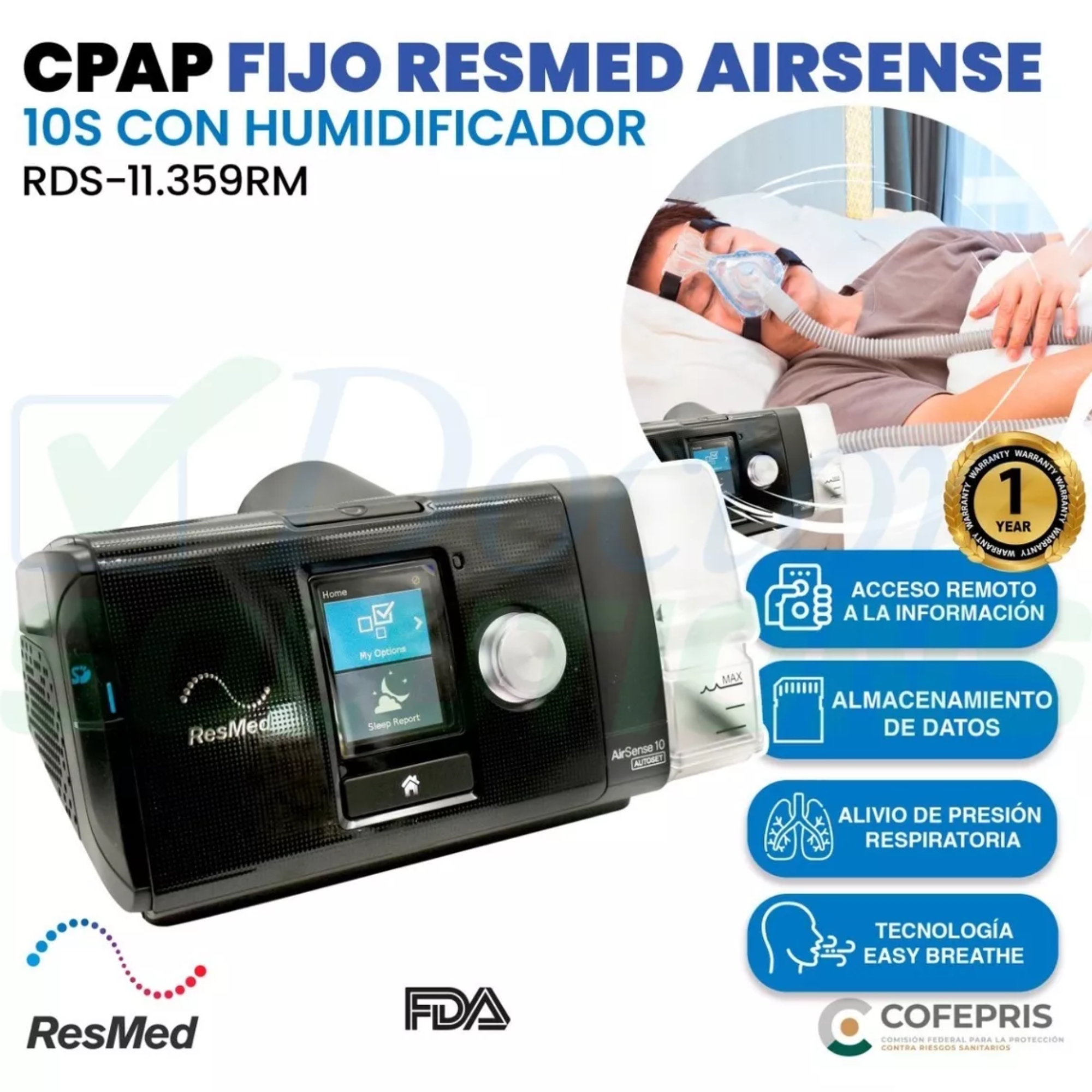 Cpap Fijo Resmed Air Sense 10s Con Humificador.