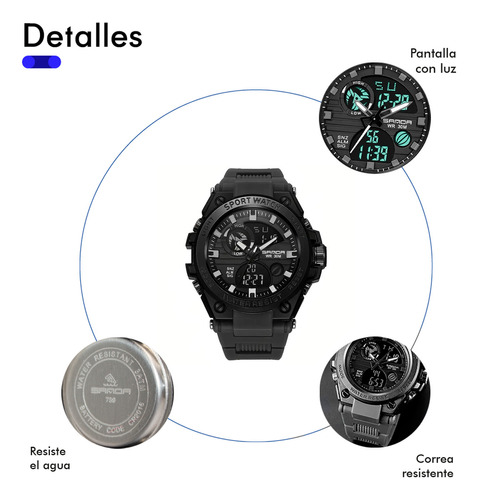 Reloj de pulsera Sanda top tean 739 de cuerpo color negro, analógico-digital, para hombre, fondo negro, con correa de poliuretano color negro, agujas color negro y blanco, dial negro, subesferas color negro y gris, minutero/segundero blanco, bisel color negro, luz celeste y hebilla simple