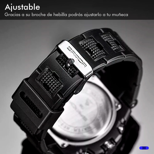 Reloj de pulsera Sanda top tean 739 de cuerpo color negro, analógico-digital, para hombre, fondo negro, con correa de poliuretano color negro, agujas color negro y blanco, dial negro, subesferas color negro y gris, minutero/segundero blanco, bisel color negro, luz celeste y hebilla simple