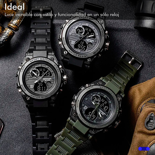 Reloj de pulsera Sanda top tean 739 de cuerpo color negro, analógico-digital, para hombre, fondo negro, con correa de poliuretano color negro, agujas color negro y blanco, dial negro, subesferas color negro y gris, minutero/segundero blanco, bisel color negro, luz celeste y hebilla simple