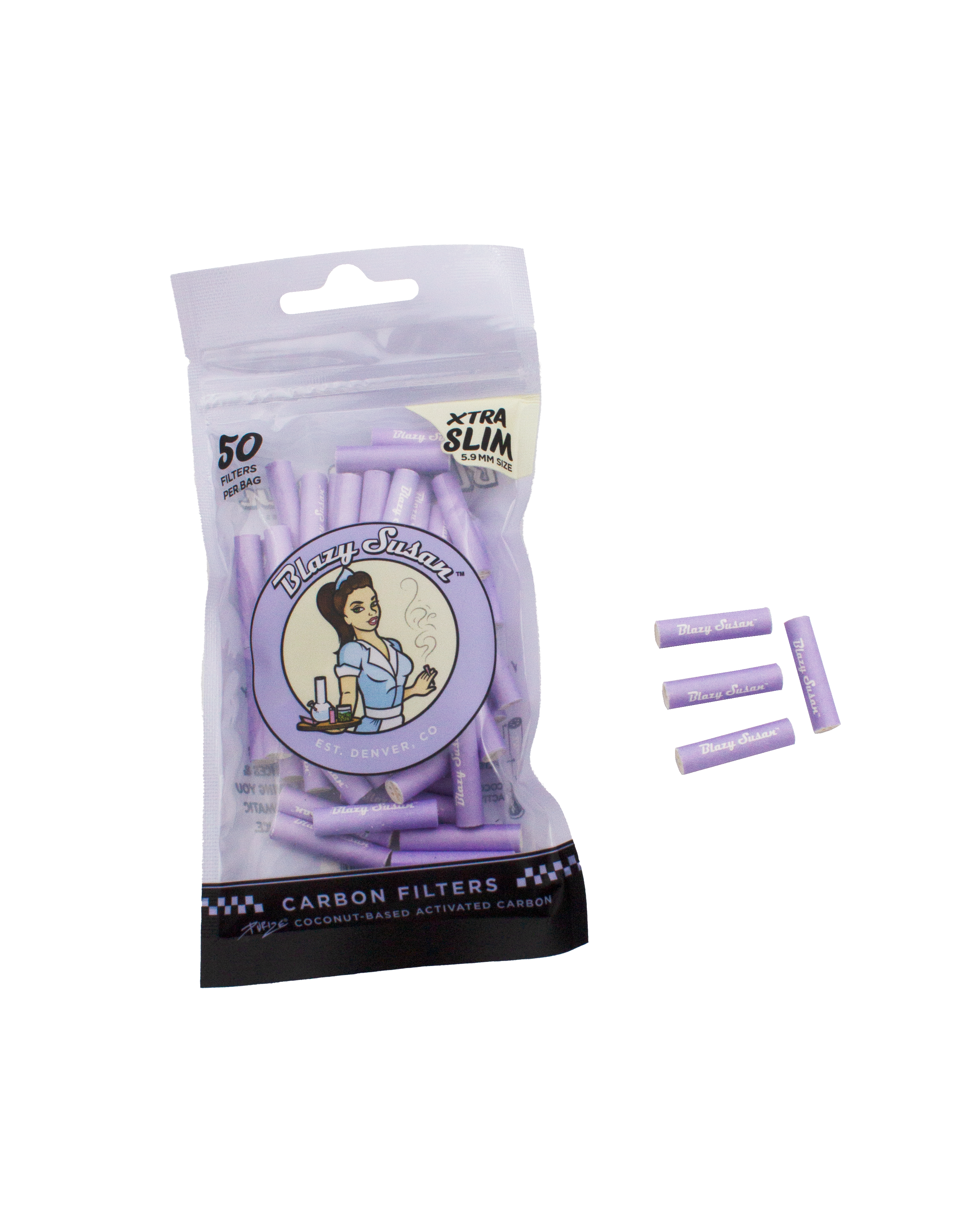 Paquete de 20 Bolsas con 50 Filtros Morados Blazy x Purize, Xtra Slim (Carbon Activado)