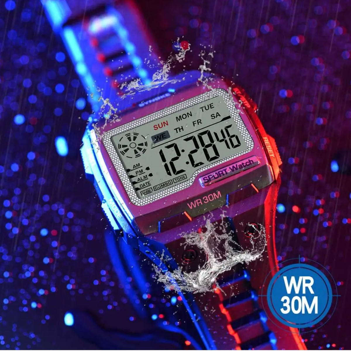 Reloj Digital contra agua azul led números grandes fácil de leer sumergible 30M deportes táctico.