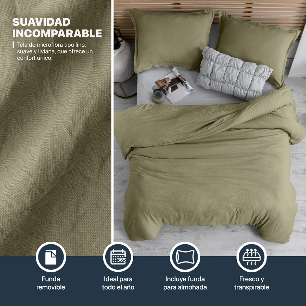 Funda para Duvet Microfibra Acabado Prelavado Sin Relleno más Fundas de Almohada King Size XL Verde Esquimal.