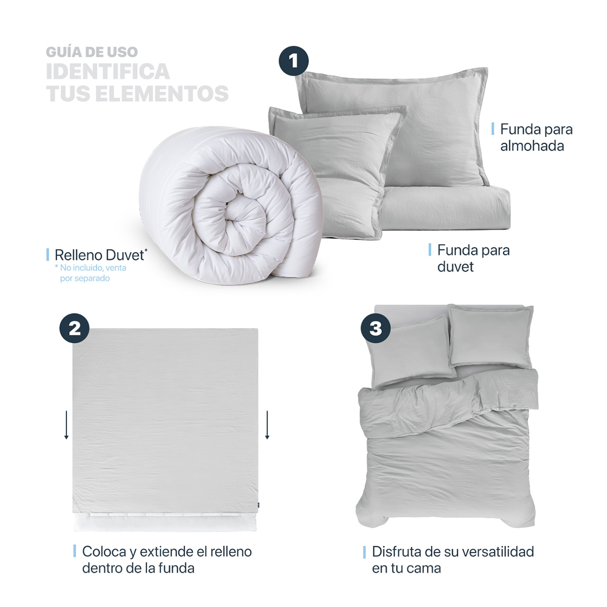 Funda para Duvet Microfibra Acabado Prelavado Sin Relleno más Fundas de Almohada Matrimonial XL Gris Claro Esquimal.