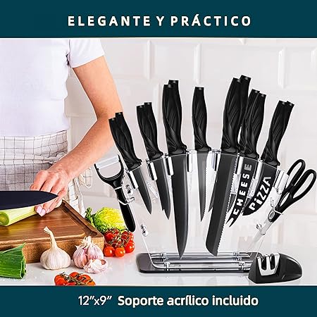 Juego de Cuchillos de Cocina Multifuncional de 17 Piezas, Juego de Cuchillos de Chef de Acero Inoxidable con Bloques de Cuchillos Acrílico, 6 Cuchillos de Carne, Afilador, Tijeras y Pelador, Adecuado para Cortar Pelar Rebanar y Cocinar Negro.