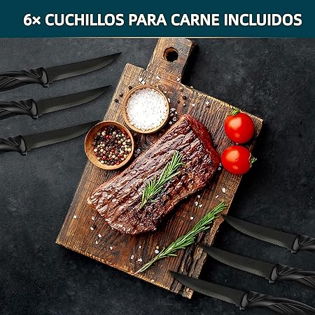 Juego de Cuchillos de Cocina Multifuncional de 17 Piezas, Juego de Cuchillos de Chef de Acero Inoxidable con Bloques de Cuchillos Acrílico, 6 Cuchillos de Carne, Afilador, Tijeras y Pelador, Adecuado para Cortar Pelar Rebanar y Cocinar Negro.