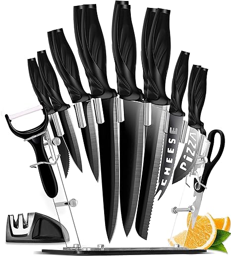 Juego de Cuchillos de Cocina Multifuncional de 17 Piezas, Juego de Cuchillos de Chef de Acero Inoxidable con Bloques de Cuchillos Acrílico, 6 Cuchillos de Carne, Afilador, Tijeras y Pelador, Adecuado para Cortar Pelar Rebanar y Cocinar Negro.