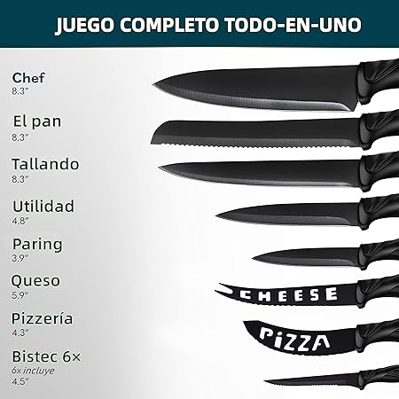 Juego de Cuchillos de Cocina Multifuncional de 17 Piezas, Juego de Cuchillos de Chef de Acero Inoxidable con Bloques de Cuchillos Acrílico, 6 Cuchillos de Carne, Afilador, Tijeras y Pelador, Adecuado para Cortar Pelar Rebanar y Cocinar Negro.