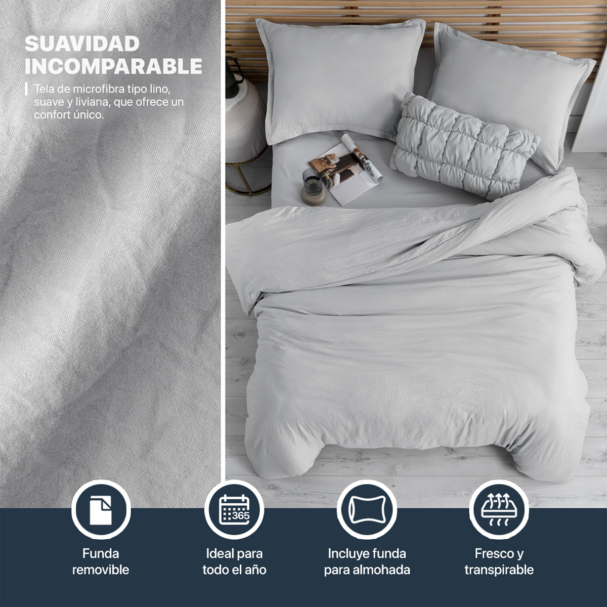 Funda para Duvet Microfibra Acabado Prelavado Sin Relleno más Fundas de Almohada Matrimonial XL Gris Claro Esquimal.