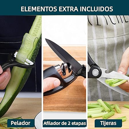 Juego de Cuchillos de Cocina Multifuncional de 17 Piezas, Juego de Cuchillos de Chef de Acero Inoxidable con Bloques de Cuchillos Acrílico, 6 Cuchillos de Carne, Afilador, Tijeras y Pelador, Adecuado para Cortar Pelar Rebanar y Cocinar Negro.