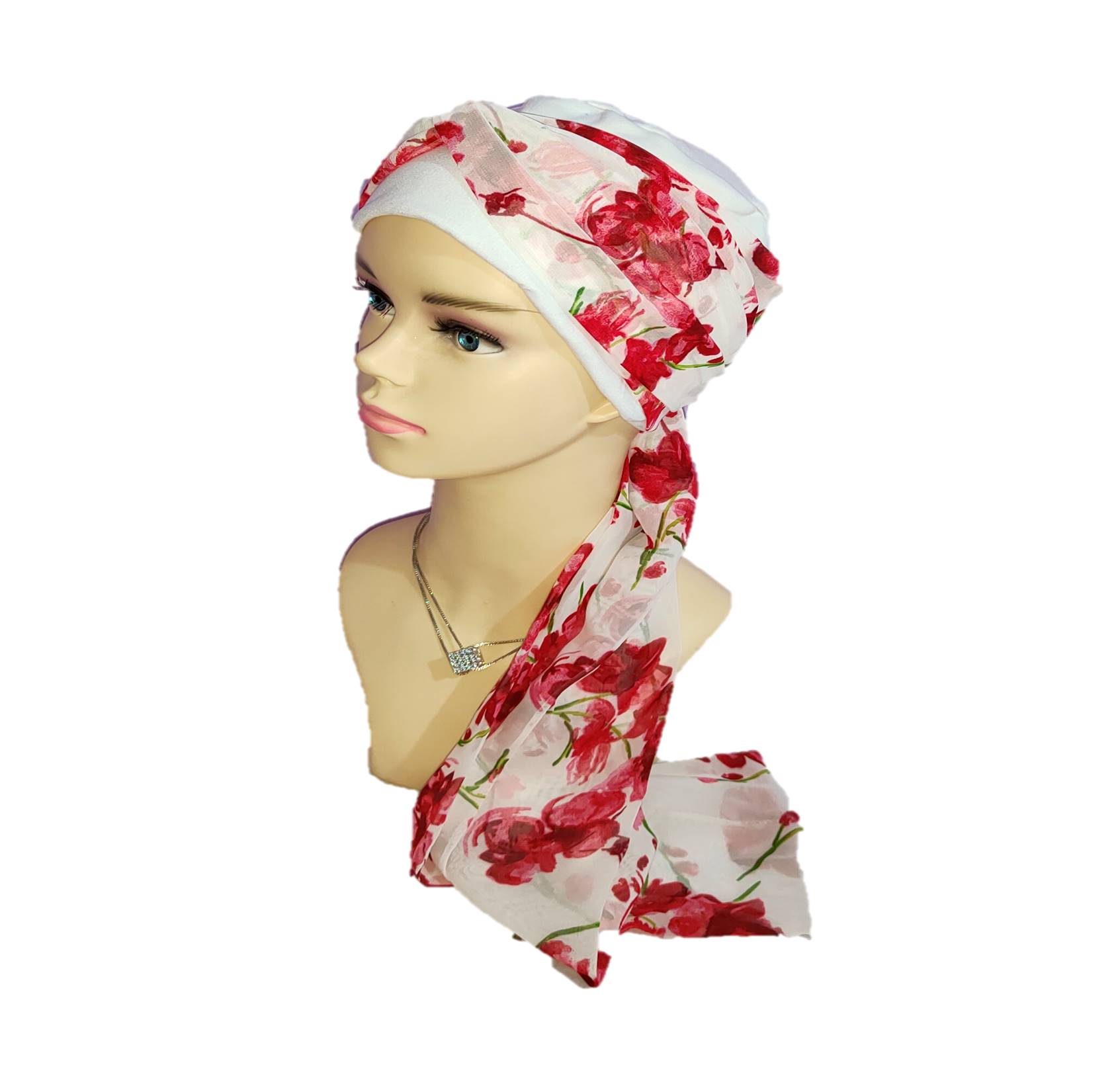 Gorro para Mujer tipo turbante con mascada y banda de algodón seda (pack 1 pieza). Oncológicos, alopecia, Moda, Elegante blanco.