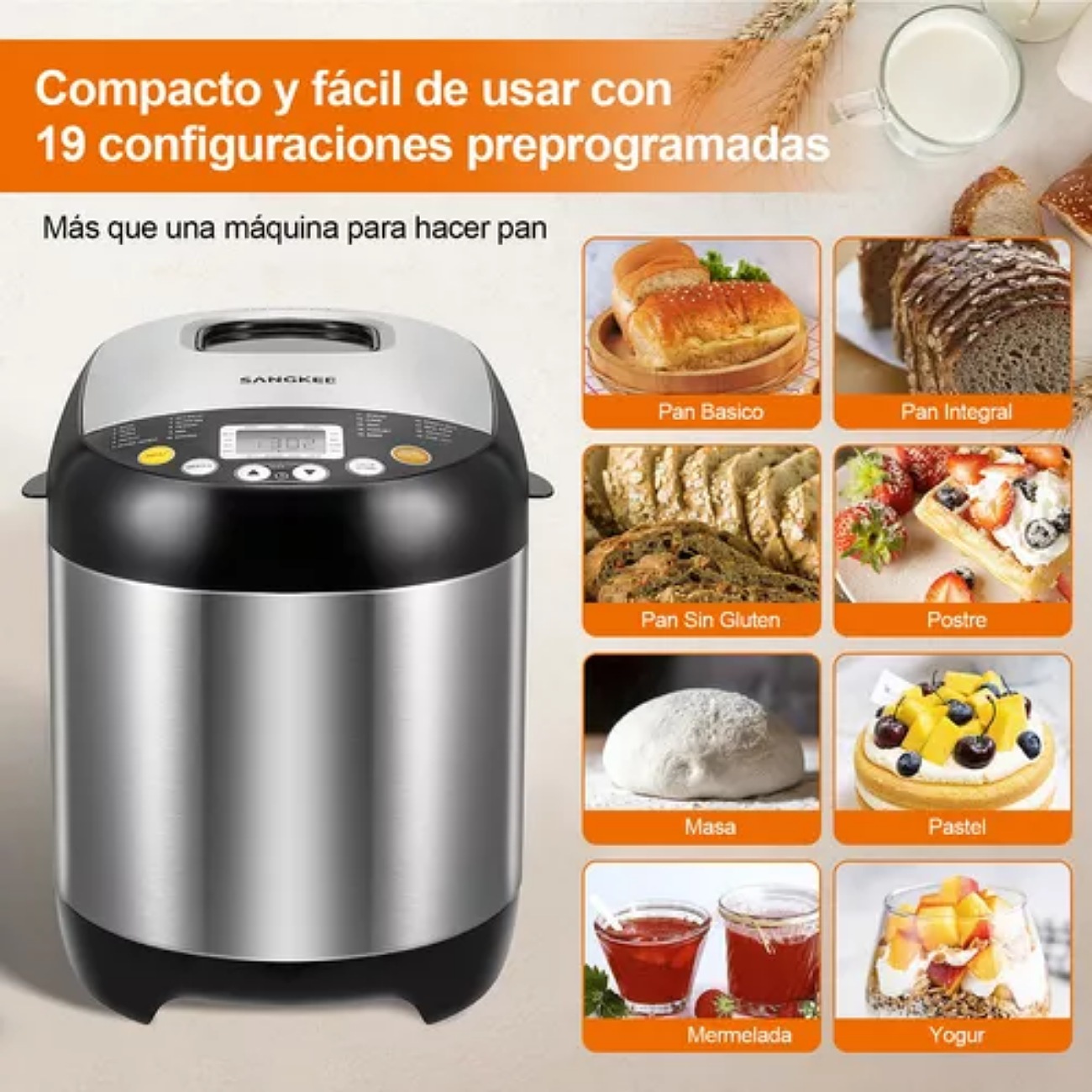 Sangk máquina pan máquina para hacer pan automática con bandeja antiadherente para pan 15h temporizador y 1h para mantener caliente con 3 tamaños de pan 3 colores de corteza recetas acero inoxidable