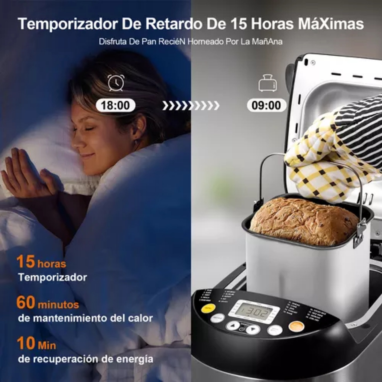 Sangk máquina pan máquina para hacer pan automática con bandeja antiadherente para pan 15h temporizador y 1h para mantener caliente con 3 tamaños de pan 3 colores de corteza recetas acero inoxidable