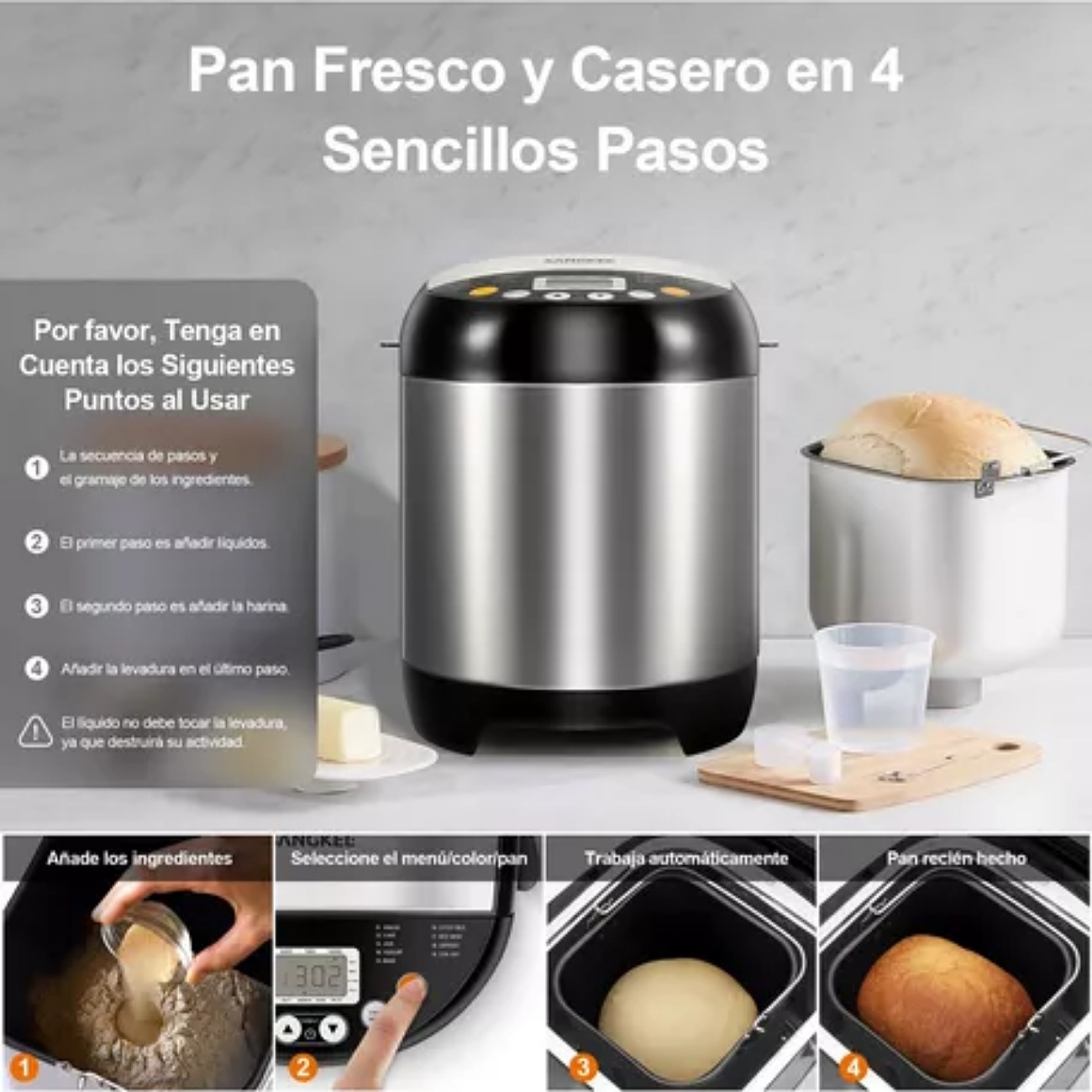 Sangk máquina pan máquina para hacer pan automática con bandeja antiadherente para pan 15h temporizador y 1h para mantener caliente con 3 tamaños de pan 3 colores de corteza recetas acero inoxidable