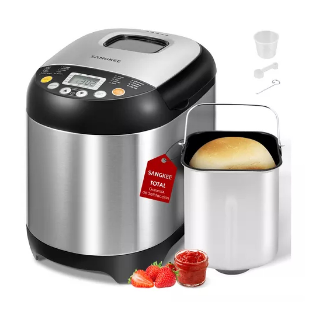 Sangk máquina pan máquina para hacer pan automática con bandeja antiadherente para pan 15h temporizador y 1h para mantener caliente con 3 tamaños de pan 3 colores de corteza recetas acero inoxidable