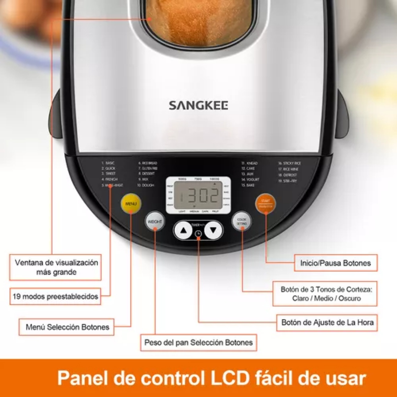 Sangk máquina pan máquina para hacer pan automática con bandeja antiadherente para pan 15h temporizador y 1h para mantener caliente con 3 tamaños de pan 3 colores de corteza recetas acero inoxidable