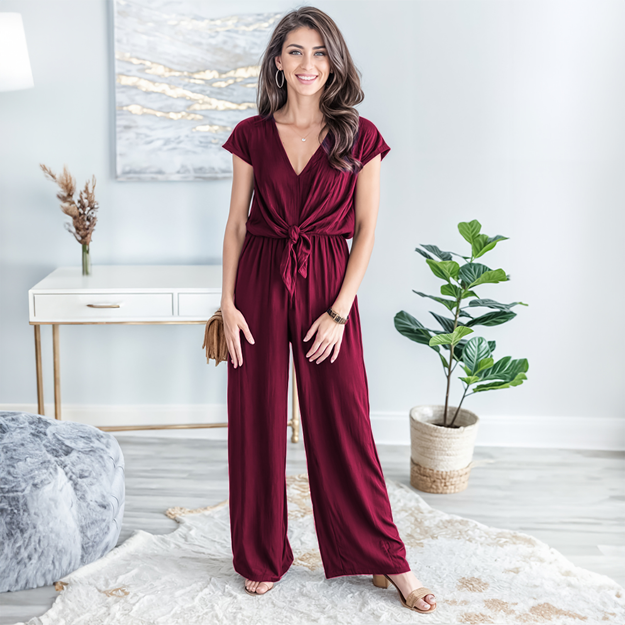 Jumper palazzo enterizo mono jumpsuit casual elegante largo dama mujer xally 6D cruce cuello V moño manga corta