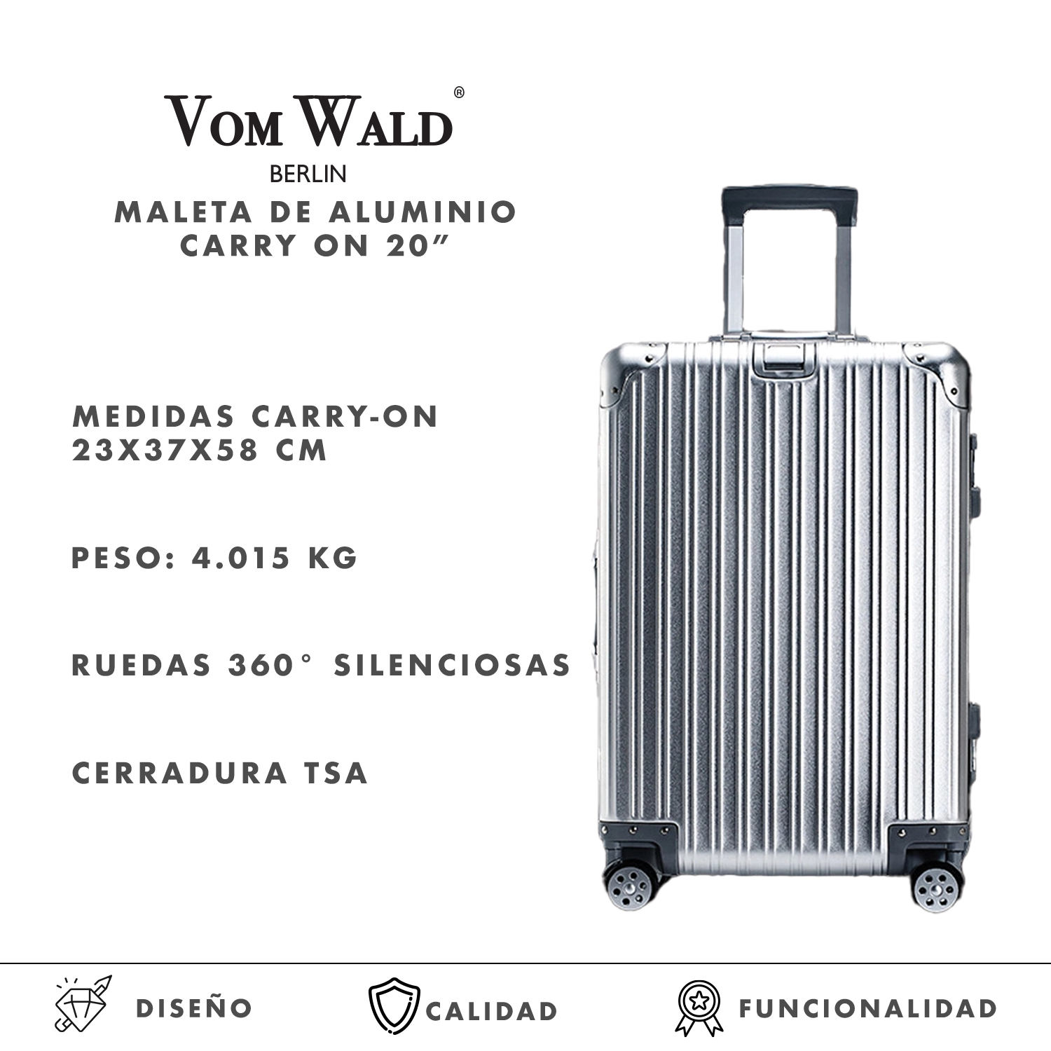 Maleta para Viaje Carry On 20” Minimalista & Elegante de Aluminio Vom Wald®.
