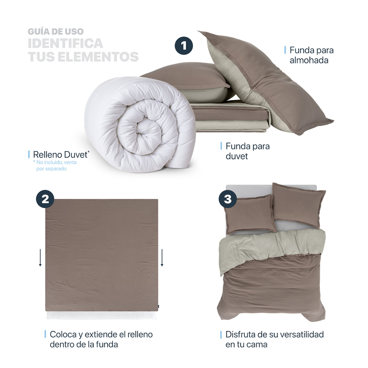 Funda para Duvet Microfibra Acabado Prelavado Sin Relleno más Fundas de Almohada Doble Vista Matrimonial Café - Beige Esquimal.