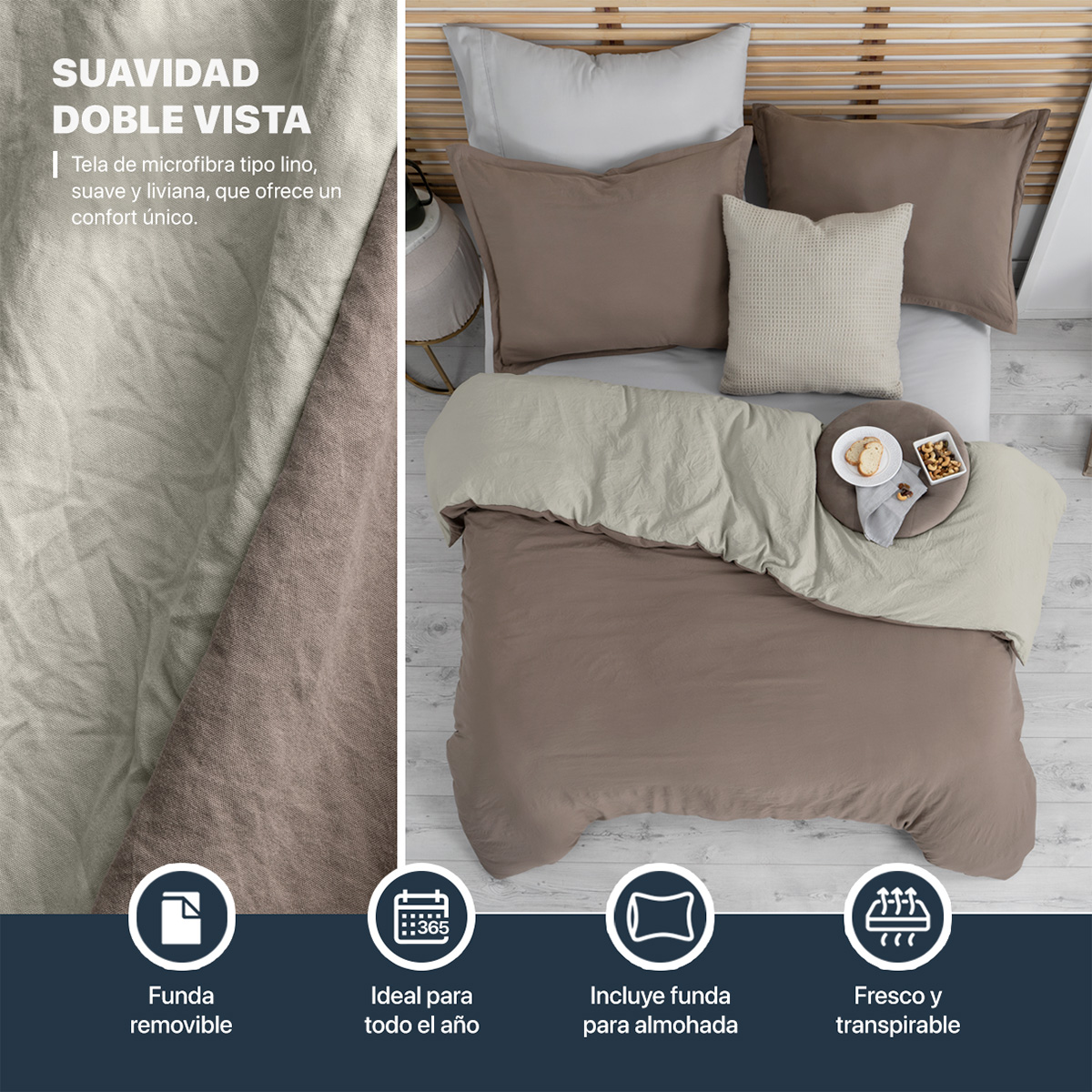 Funda para Duvet Microfibra Acabado Prelavado Sin Relleno más Fundas de Almohada Doble Vista Matrimonial XL Café - Beige Esquimal.