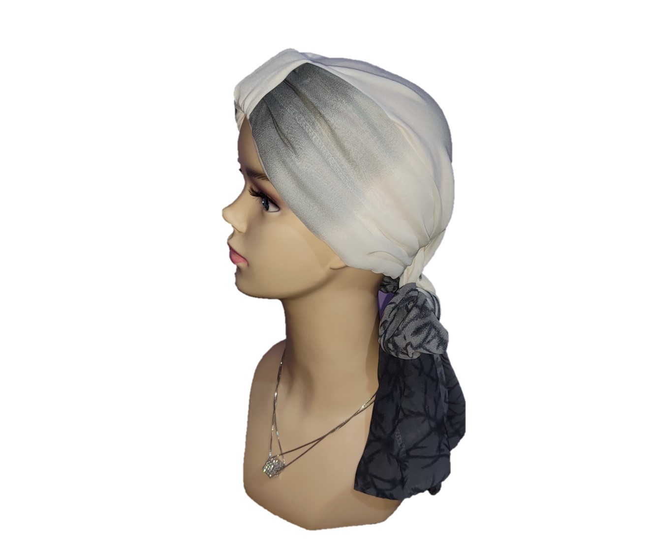Gorro para Mujer tipo turbante con mascada y banda de algodón seda (pack 1 pieza). Oncológicos, alopecia, Moda, Elegante perla.