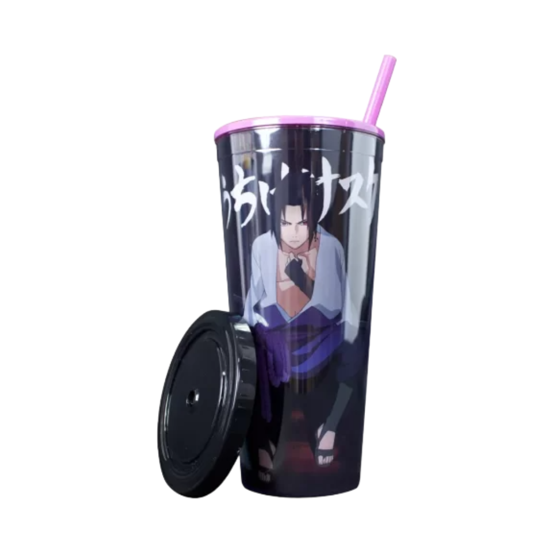 Vaso de Acrilico con tapa y popote - Naruto Shippuden Sasuke Uchiha doble pared.