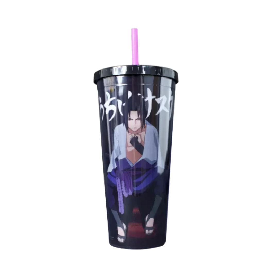 Vaso de Acrilico con tapa y popote - Naruto Shippuden Sasuke Uchiha doble pared.
