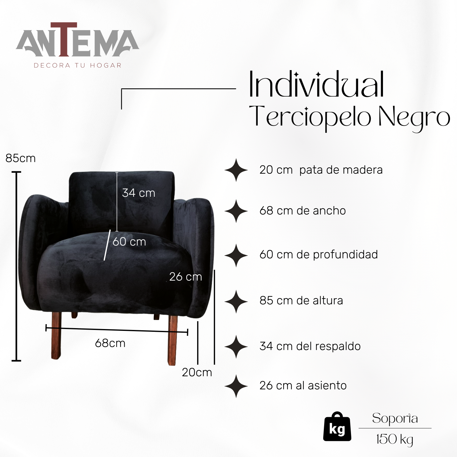 Antema Sillón Sofá Individual Color Negro elegante para toda ocasión, para recepción, salas, oficina, eventos