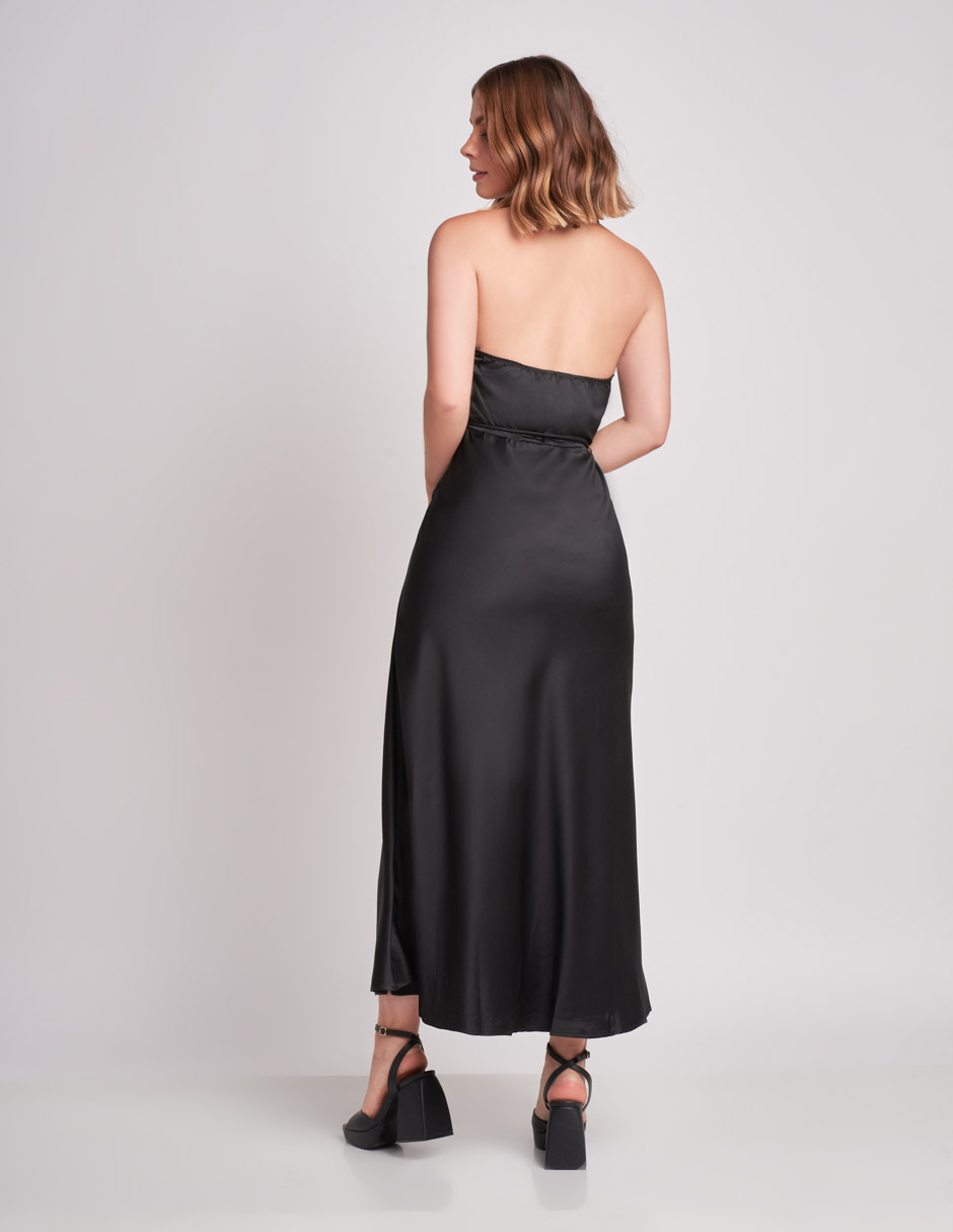 Vestido Halter Negro Largo Midi: Elegancia Satinada con Espalda Descubierta