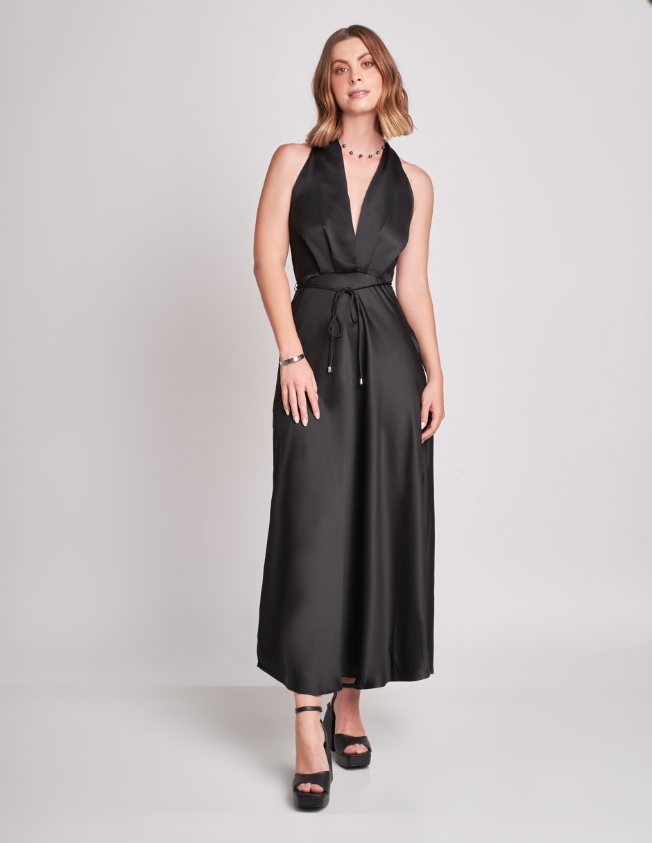 Vestido Halter Negro Largo Midi: Elegancia Satinada con Espalda Descubierta