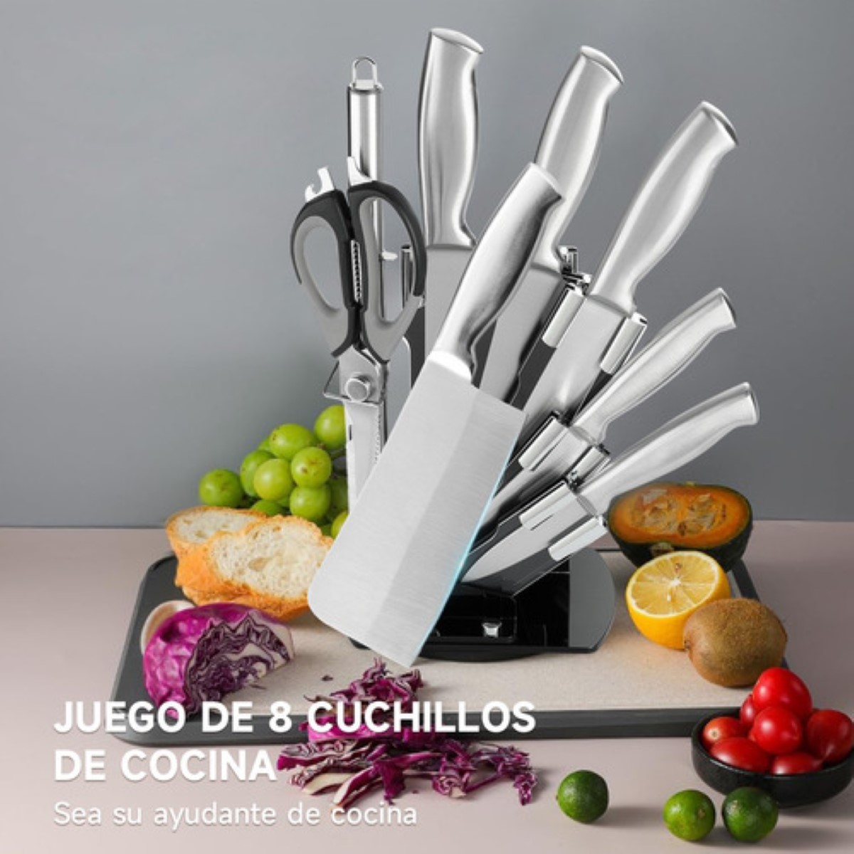 "Juego De Cuchillos De Cocina Profesional 8 Piezas Con Base plata ".